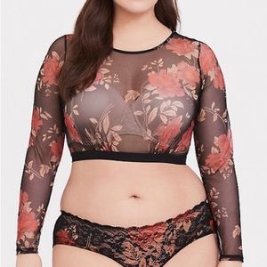 Torrid - Black & Red Floral Mesh Long Sleeve Crop